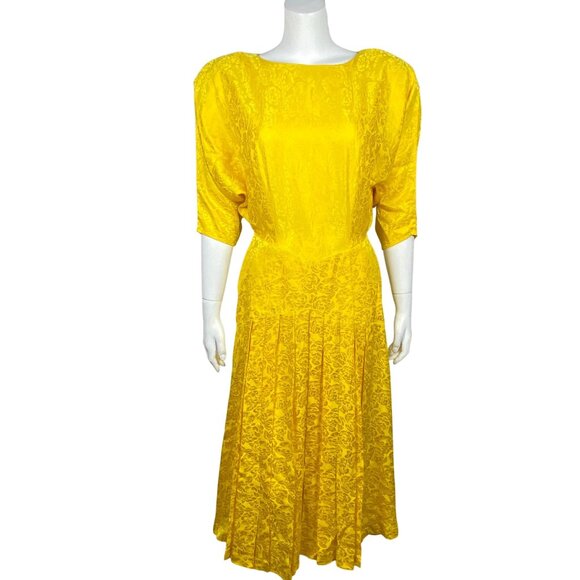 Vintage 80s Silk Studio 100% Silk Midi Dress Size 10 Floral Jacquard Pleated - Picture 1 of 6